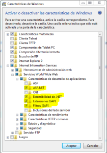 Activar ASP.NET en Caracteristicas de Windows